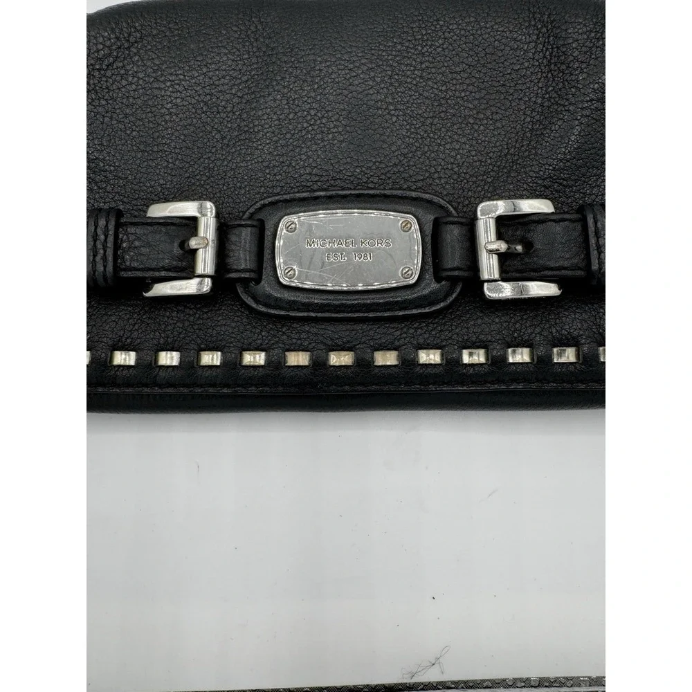 MICHAEL KORS Black Pebbled Leather Studded Chain Flap Clutch Gold Hardware PT1